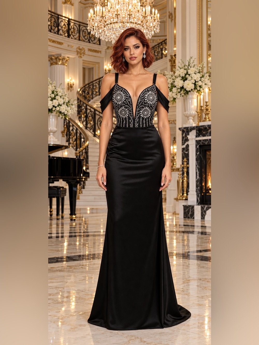 NWOT Black Sequin Evening Gown Deep V Satin Skirt Formal Prom Dress Size XL
